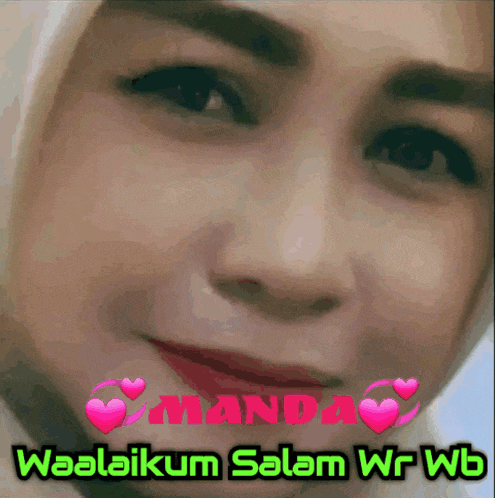 a close up of a woman 's face with the words manda waalaikum salam wr wb on the bottom
