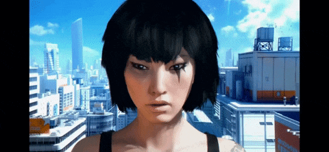 a woman with black hair and a tattoo on her arm stands in front of a city skyline