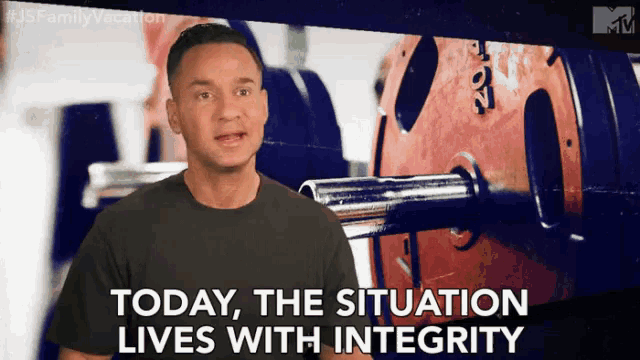 a man says today the situation lives with integrity in front of dumbbells