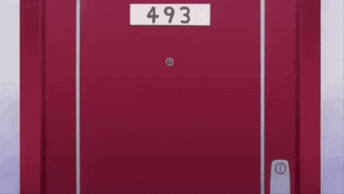 a cartoon character is kneeling down in front of a red door with the number 493 on it .