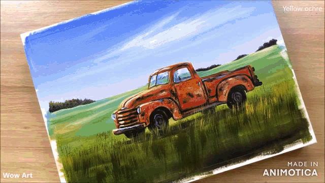 a painting of an old rusty truck in a field is made by wow art
