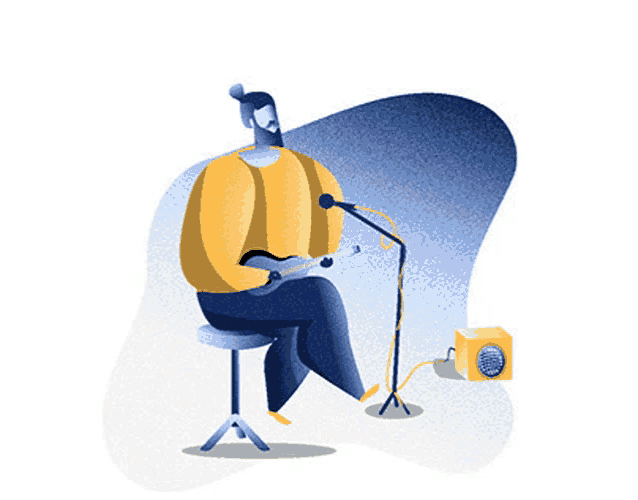 a man is sitting on a stool playing a guitar and singing into a microphone