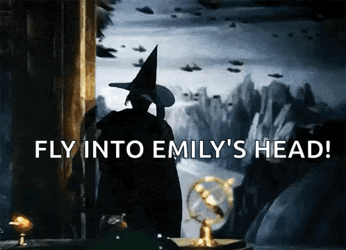 a witch with the words fly into emily 's head on the bottom