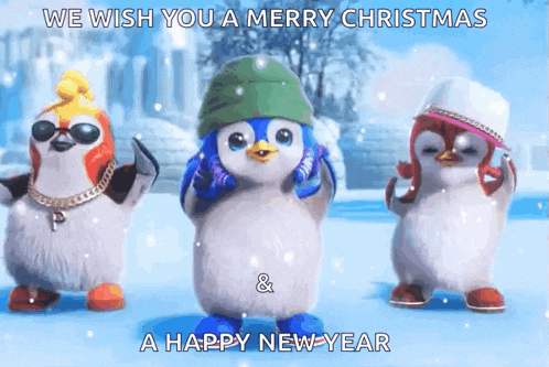 three penguins are dancing in the snow with the words we wish you a merry christmas and a happy new year written below them