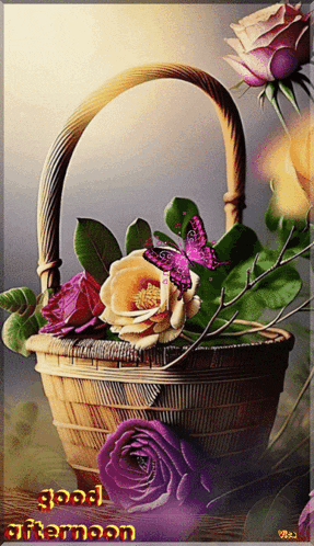 a basket of flowers with the words good afternoon on it