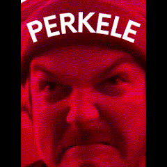 a close up of a person wearing a red perkele hat