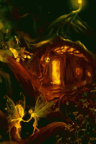 a painting of fairies and a house with a light coming out of the door