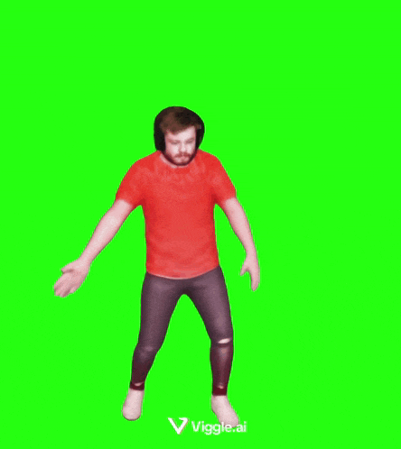 a man wearing headphones and a red shirt is dancing on a green screen