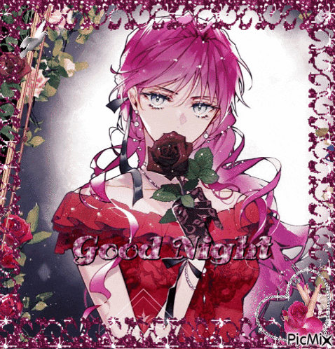 a picture of a girl with pink hair holding a black rose and the words good night