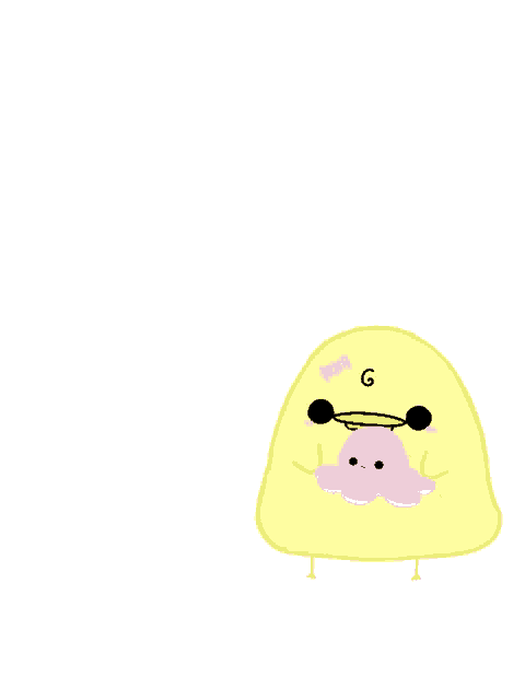 a cartoon drawing of a yellow chicken with the letter g on it