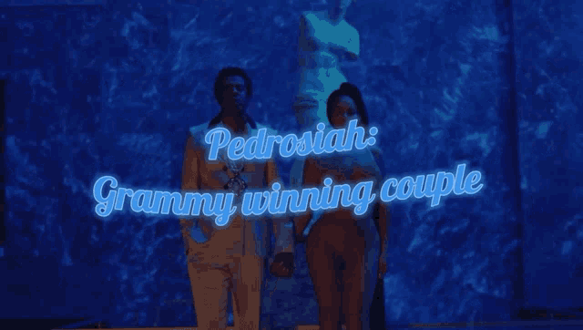 pedrosiah 's grammy winning couple is displayed on a blue background