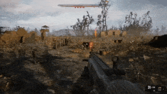 a person is holding a gun in a video game while standing in a field .