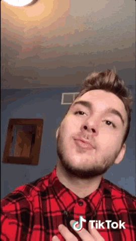 a man wearing a red plaid shirt has a tiktok sticker on his shirt .