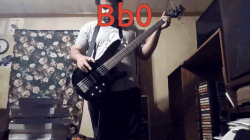 a man playing a bass guitar with the word bbo in red behind him