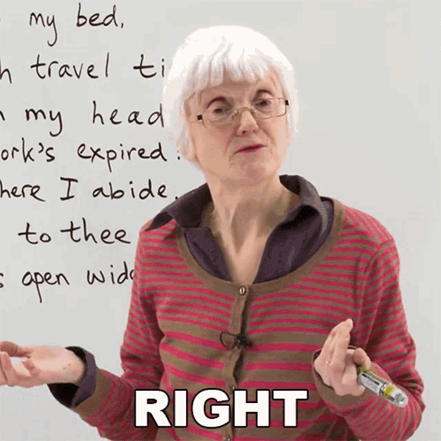 an elderly woman stands in front of a whiteboard with the words right written on it