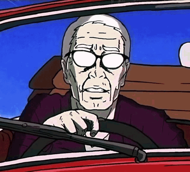 a cartoon drawing of an old man driving a car