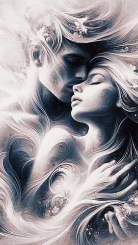 a painting of a man and a woman kissing