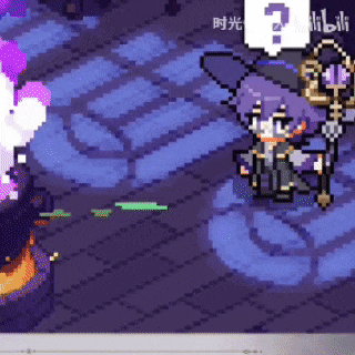 a pixel art of a girl with purple hair holding a sword and a question mark .