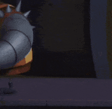 a cartoon character with yellow eyes is looking at something