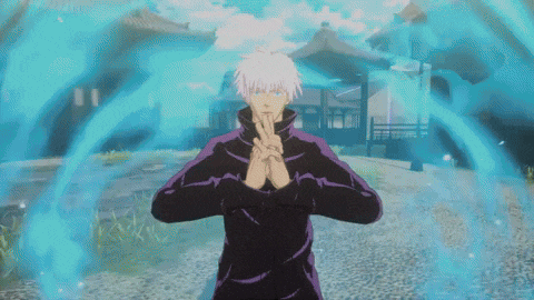 a man with white hair and blue eyes is standing in front of a building with a blue aura around him
