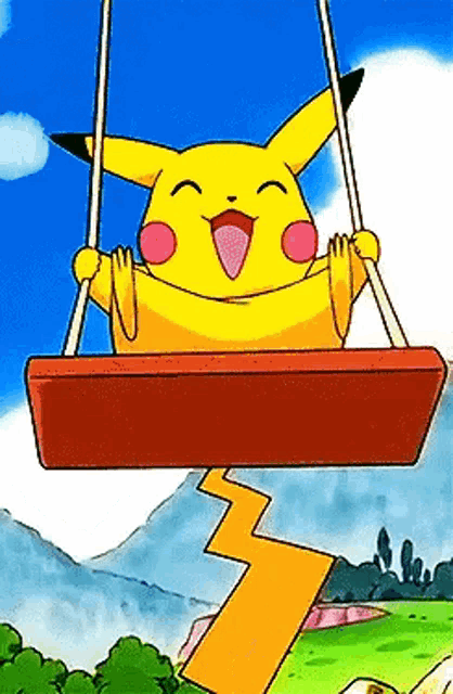 pikachu is sitting on a wooden swing with his tongue hanging out .