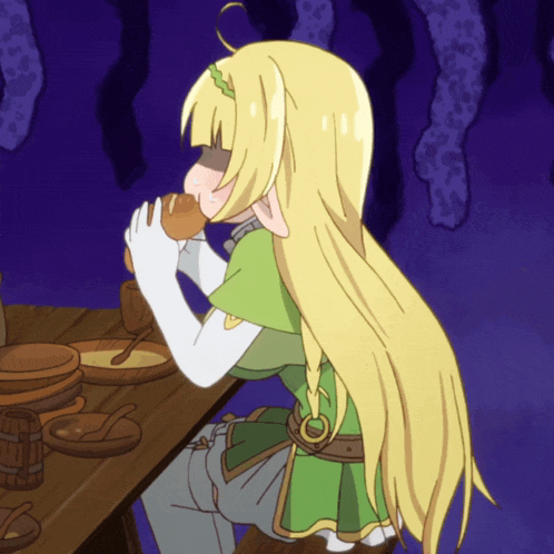 a girl with long blonde hair is sitting at a table eating a piece of bread