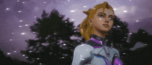a woman in a futuristic suit stands in front of trees