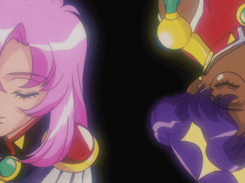 a cartoon of a woman with pink hair and a purple glove