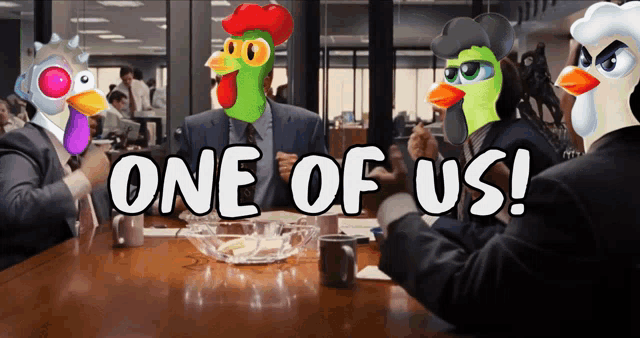 a group of people are sitting around a table with one of them wearing a chicken mask