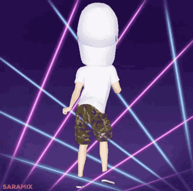 a cartoon character is dancing in front of a purple background and the word saramix is on the bottom left