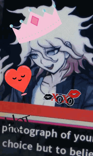 a picture of a girl with a pink crown and a red heart with xoxo written on it