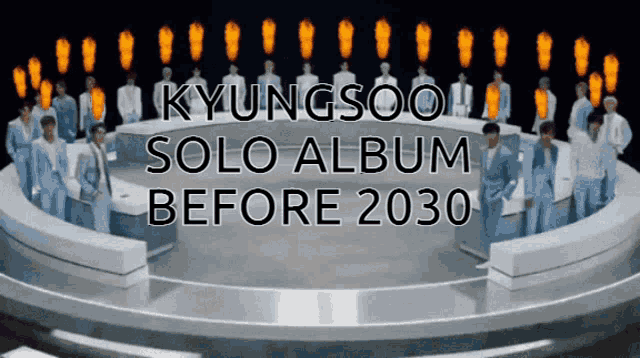 a group of people standing around a table with the words " kyungsoo solo album before 2030 " above them