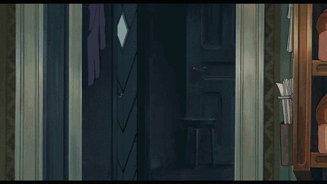 a girl with a red bow on her head is holding a broom in her hand