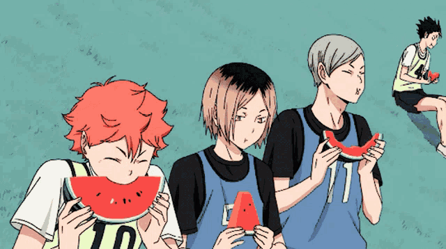 a group of anime characters are eating watermelon and one of them has the letter t on their shirt