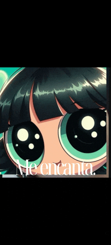 a close up of a cartoon character with the words me encanta written below it