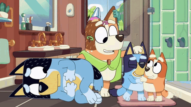 a group of cartoon dogs in a bathroom with one wearing a green scarf