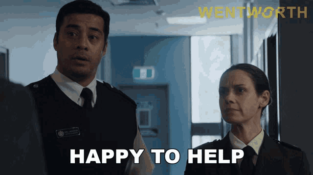 a man and a woman standing in a hallway with the words happy to help written on the bottom