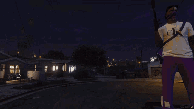 a screenshot of a video game shows a group of people standing on a street