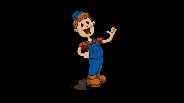 a cartoon illustration of a boy wearing overalls and a blue hat .
