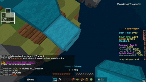 a screenshot of a minecraft game shows the best time being 2.98 seconds