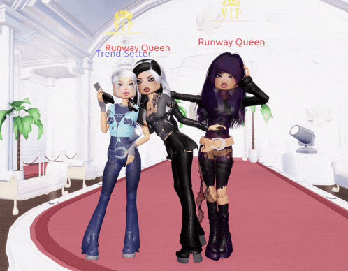 runway queen trend setter and runway queen are standing next to each other on a red carpet