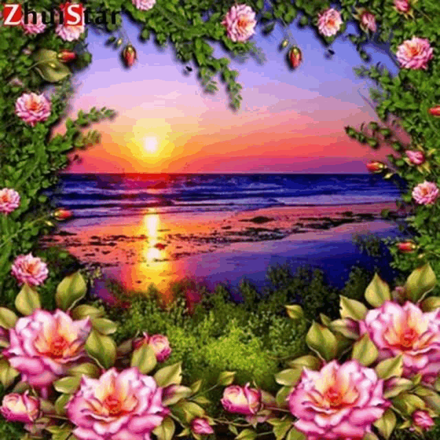 a painting of flowers and a sunset over the ocean