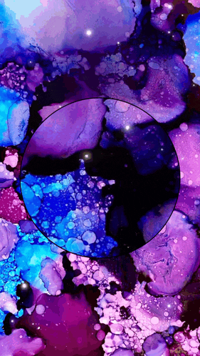 a purple and blue painting with a black circle in the center