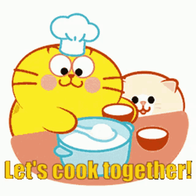 a cartoon of two cats cooking together with the words let 's cook together below them