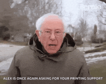 bernie sanders is wearing a jacket and glasses while talking to someone .