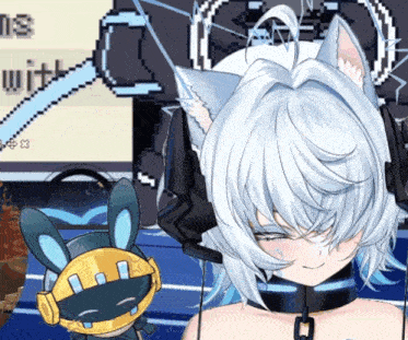 a girl with white hair wearing headphones and a mask