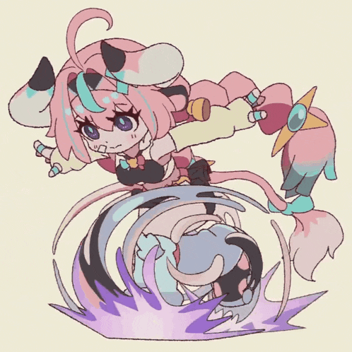 a drawing of a girl with pink hair and a purple tail