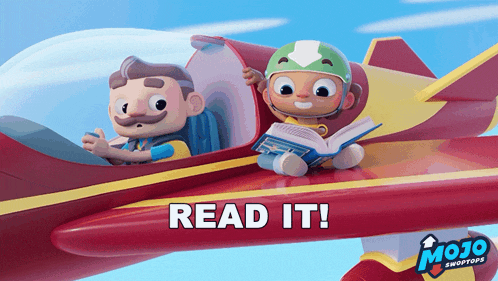 two cartoon characters in an airplane reading a book with the words read it written below them