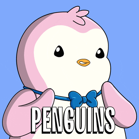 a pink and white penguin wearing a blue bow tie with the word penguins on its chest