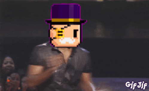 a pixel art of a man with a purple hat and mustache says gif jjf